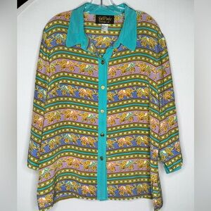 Bob Mackie Multicolor Silk elephant button down Turquoise and Lime gold famous